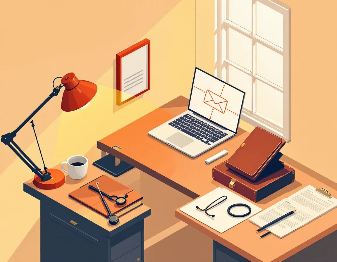 Isometric illustration of an after-hours office desk, a phone handset lifted and an envelope drifting from a laptop toward an open window