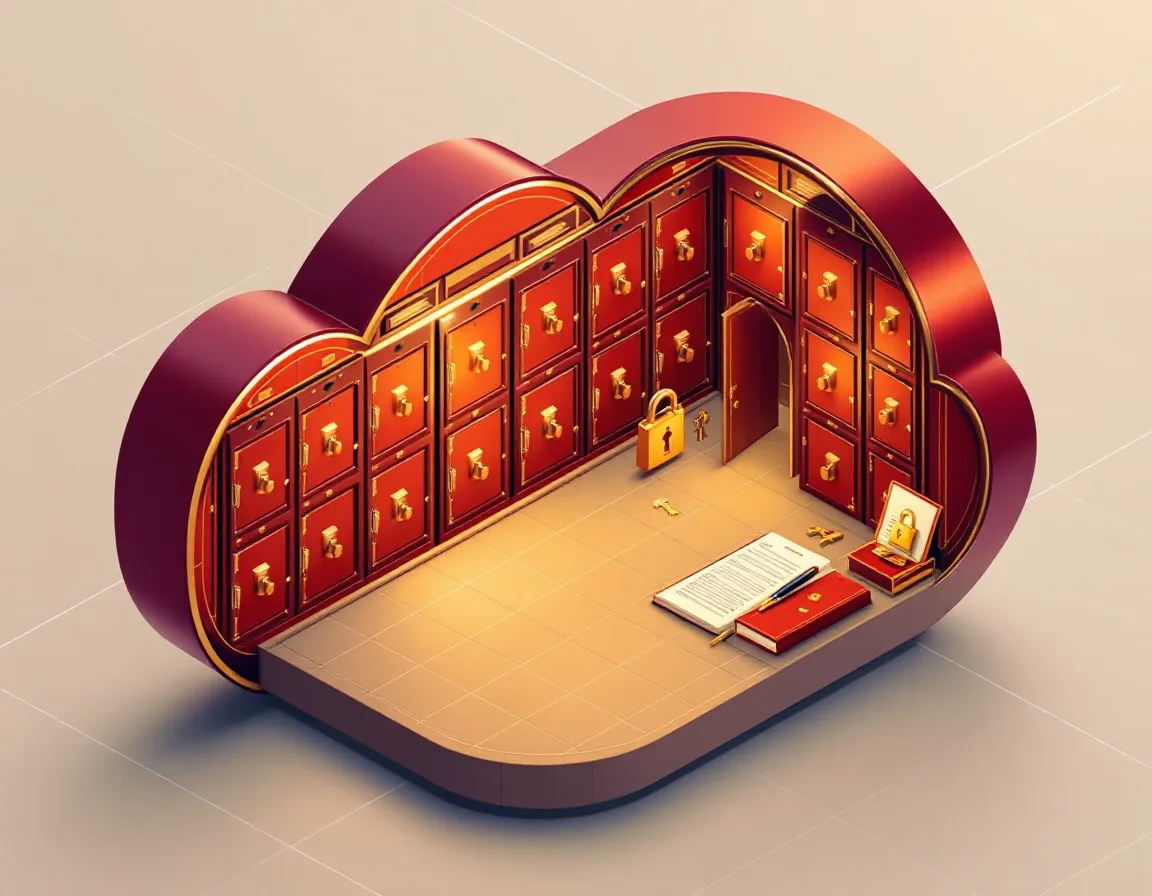 Isometric illustration of a cloud built like a brass strongroom, its small doors being padlocked beside an open ledger